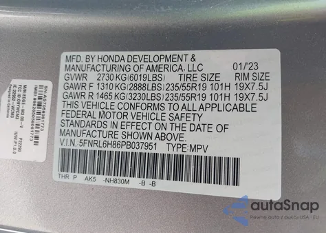 2023 Honda Odyssey Touring from USA, damaged, VIN 5FNRL6H86PB037951